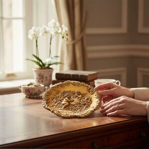 Vintage Gold Tone Cherub Wall Decor Round Chalkware‎ Wall Hanging 13”